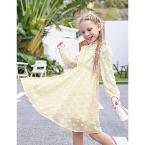 Girls Beige A-line Midi Dress with Ruffle Collar & Flared Sleeves - Sizes 5-13 - Picture 7 of 8